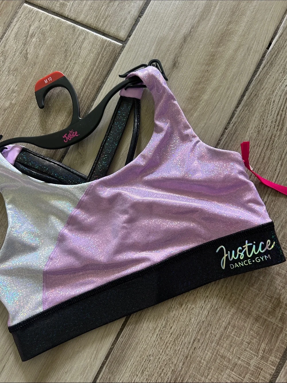 Justice Iridescent White and Lavender Dance Sports Bra with Black Band
